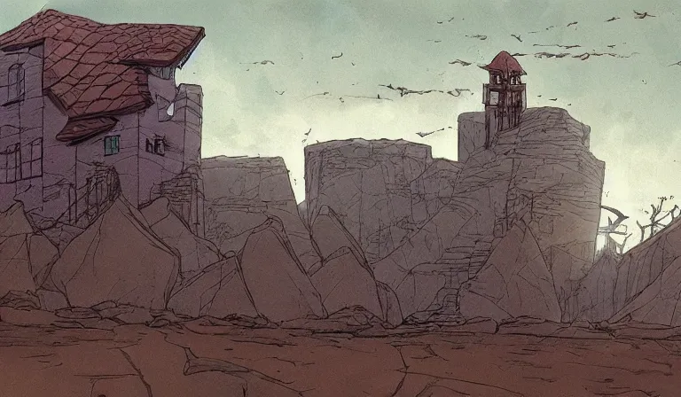 Prompt: A serene landscape with a singular building in the style of Enki Bilal and Moebius and Simon Bisley.