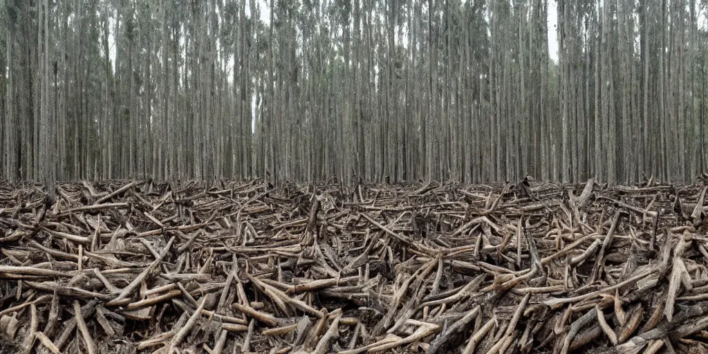 Image similar to photo of a wide clear - cut forest, thick large reedwood tree stumps as far as the eye can see, sad,