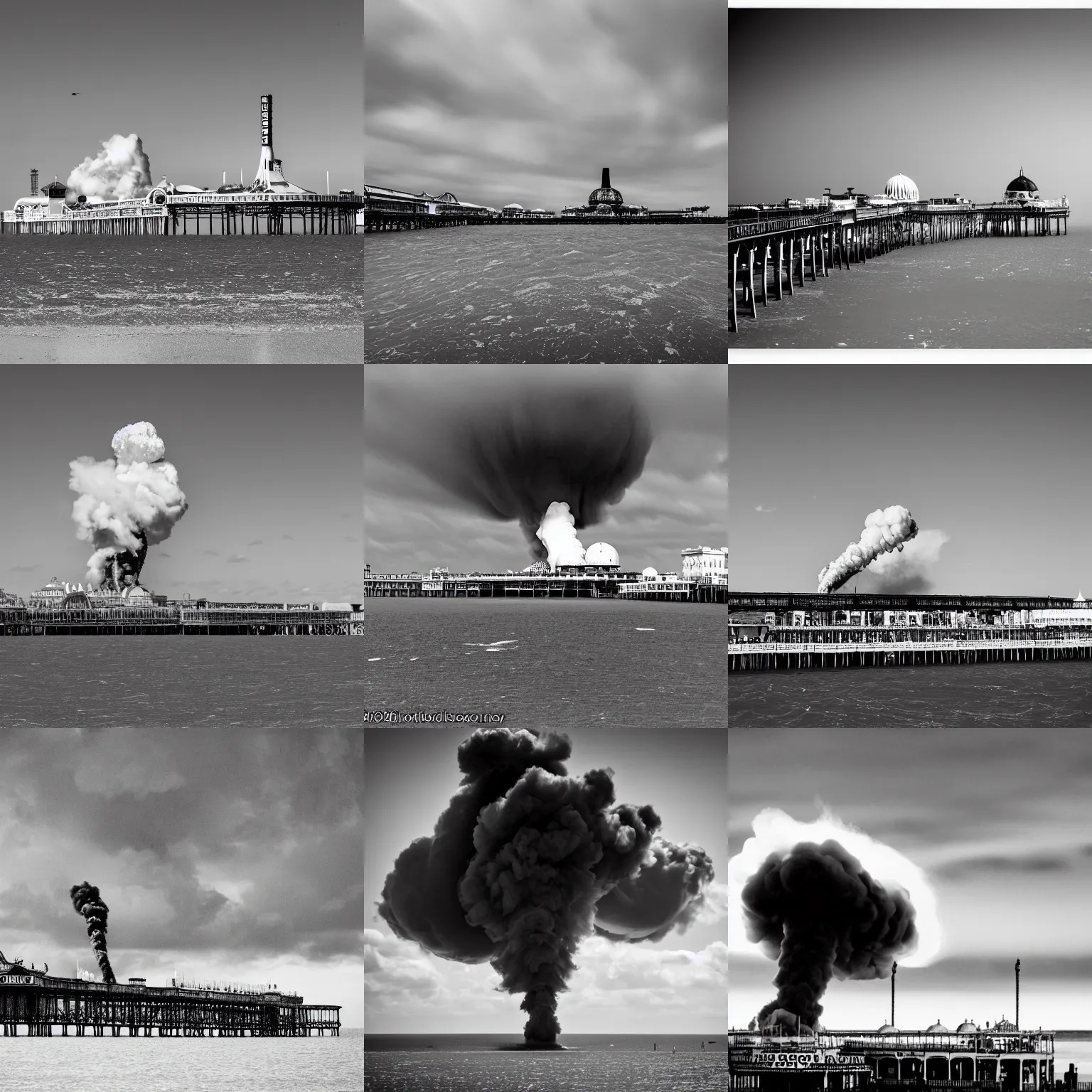 Prompt: Wide angle Black and white photo of a nuclear bomb explosion on Brighton Palace Pier,