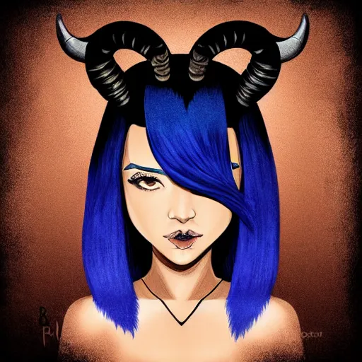 Image similar to illustrated portrait of ram-horned devil woman with blue bob hairstyle and hex #FFA500 colored skin tone and with solid black eyes wearing leather by rossdraws