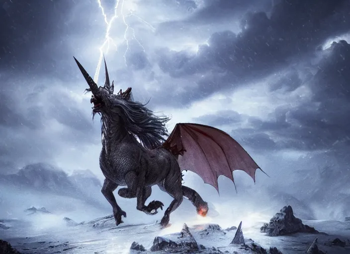 Image similar to unicorn fighting a dragon, beautiful snowy landscape, lightning storm, dramatic lightning, cinematic, establishing shot, extremly high detail, photorealistic, cinematic lighting, epic fight scene, post processed, concept art, artstation, matte painting, style by greg rutkowsky