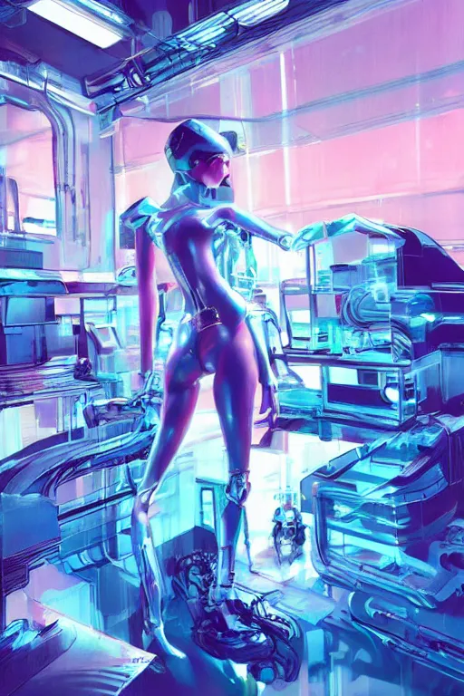 Image similar to the most amazing dream you ever had about beautiful woman transhumanism artificial intelligence singularity robot factory, glamour pose, hyper realistic, concept art, intricate, hyper detailed, smooth, syd mead, jim lee, high contrast, neon, volumetric lighting, octane, raytrace, moebius, snowcrash