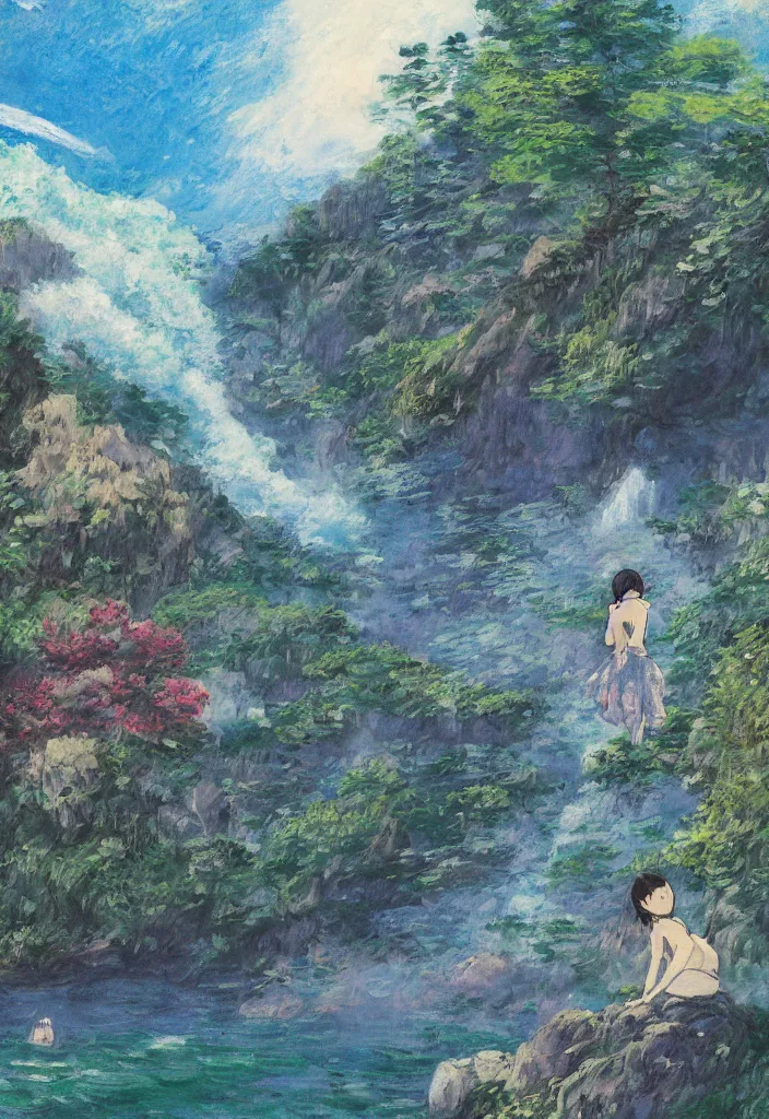 Prompt: tiny mononoke spirit in front of a japanese city in the mountain surrounded by waterfall. cyberpunk, boats flying. beautiful blue sky. gorgeous epic nature, lofi, vivid colors, amazing light, by jeremy lipkin, by claude monet, heavily inspired by makoto shinkai, inspired by ghibli, masterpiece, multiple brush strokes, impressionist style