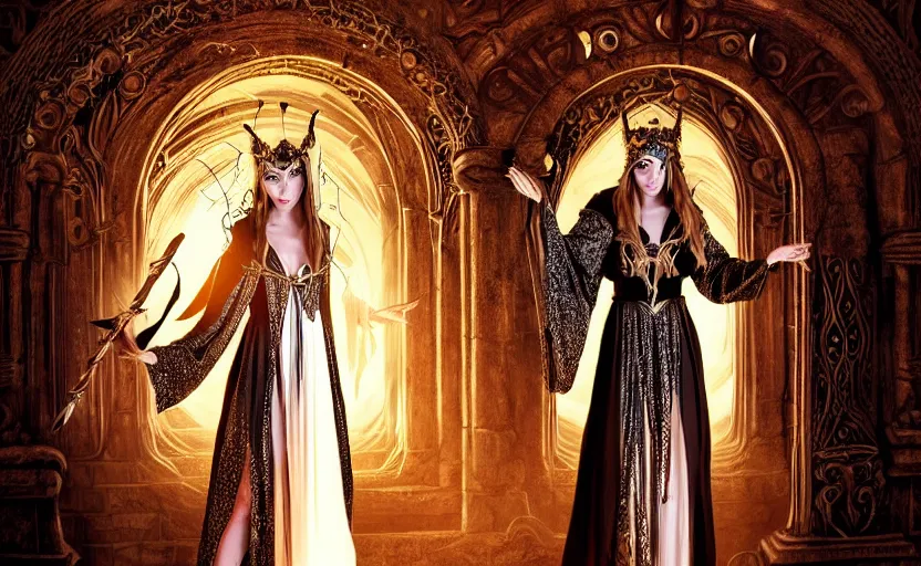 Prompt: a beautful sorceress wearing an ornate circlet and hooded robe creating a new spell in an ancient futuristic sanctuary