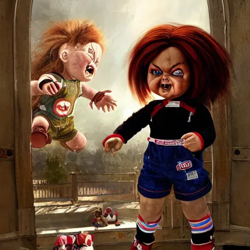 Image similar to the doll chucky cage fighting the doll annabelle in an epic mma fight, disneyland as backdrop, oil painting, by greg rutkowski