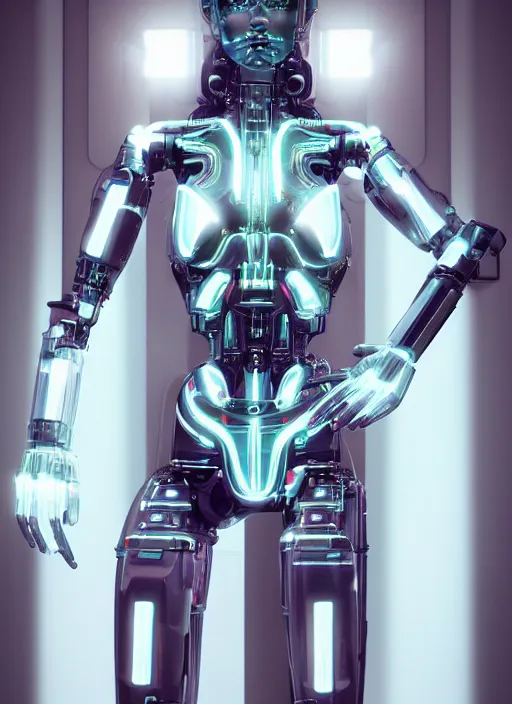 Prompt: photorealistic detailed full body picture of a female cyborg, pretty face, with head arms legs feet and hands, standing glamour pose, neon lights, humanoid, extreme, uhdr, book called the most influental cyborg in 2 0 5 0, fine details, highly detailed, intricate, smooth sharp focus, symmetrical features, environmental portrait, realistic render
