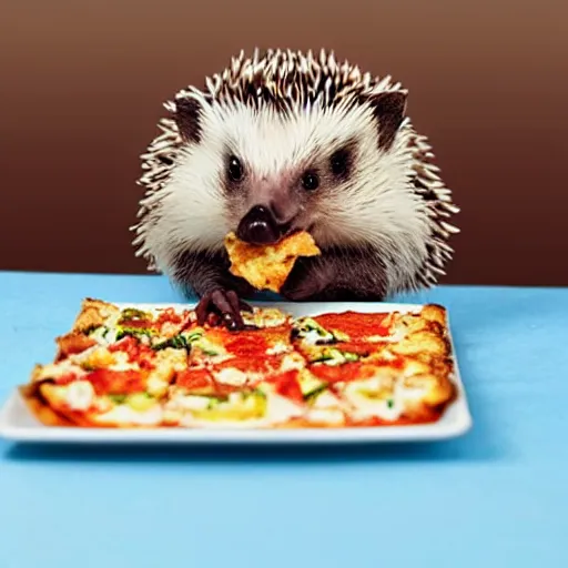Prompt: still image of a cute hedgehog sitting at a tiny table eating a tiny pizza, photo
