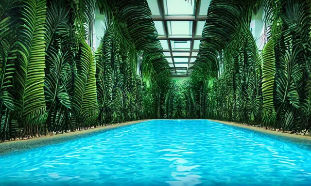 Image similar to 3d render of indoor pool with ferns and palm trees, pool tubes, chromatic abberation, depth of field, 80s photo