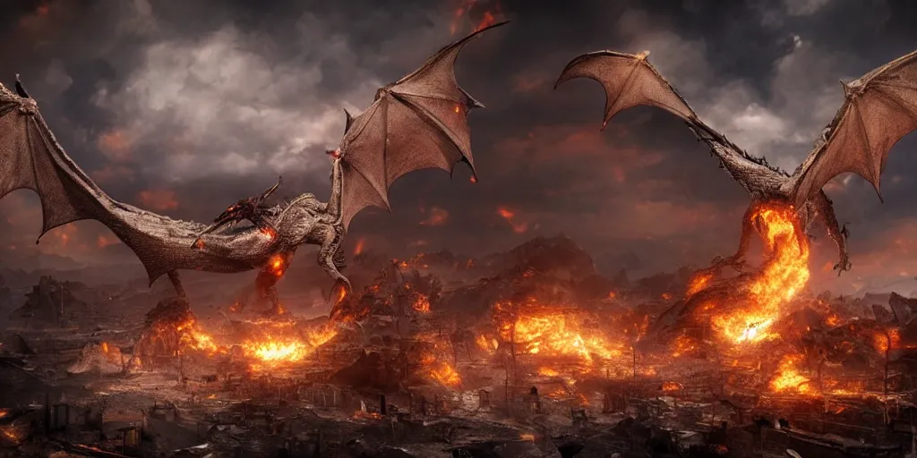 Prompt: dragon flying over post apocalyptic earth with fire everywhere and destroyed buildings, surreal, sharp focus, digital art, epic composition, concept art, dynamic lighting, intricate, highly detailed, 8 k, unreal engine, blender render