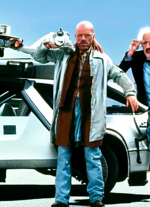 Image similar to film still of Walter White as Doc Brown in Back To The Future, bttf delorean next to him, 4k