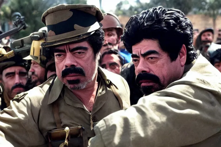 Image similar to Benicio Del Toro as Saddam Hussein in 'SadDamn Hussling 2' (2024), movie still frame, promotional image, imax 70 mm footage, oscar nominated cinematography, volumetric lighting, 8k resolution