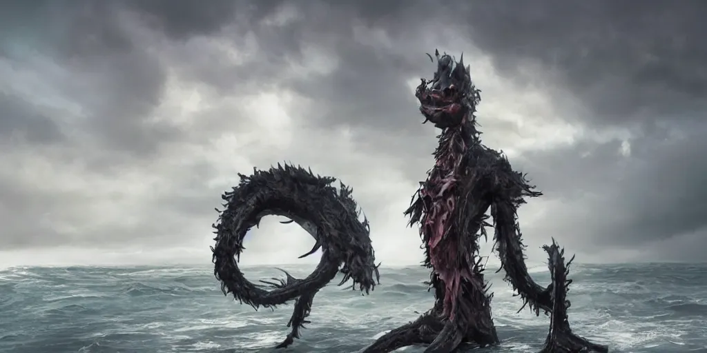 Image similar to a stunning cinematic extreme wide shot of an adorable confused slick sleek smooth humanoid sea monster wearing clothes made of seaweed on a dark stormy beach, well designed perfect with huge luminous sad eyes, sharp claws, cgsociety, hd octane render, fantasy, furry art, artstation, deviantart, furaffinity, very very clean, super clean, thunderclouds