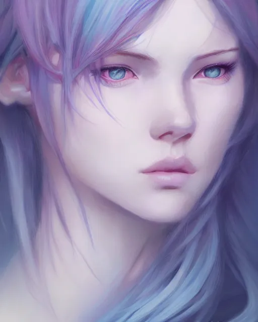 Prompt: Portrait by Charlie Bowater and Ross Tran, blue hair, soft colors, pastels