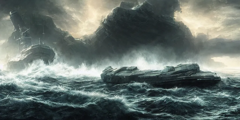 Prompt: scifi barge in turbulent waters in rocky coast, hyper realistic, highly detailed, digital art, apocalyptic, intimidating lighting, raytracing, sharp focus, smooth, romanticism