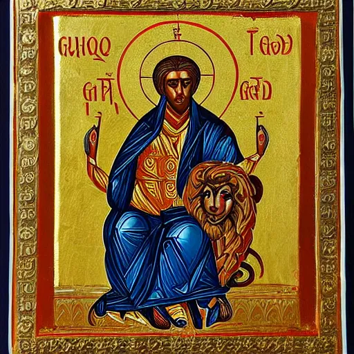 Prompt: Orthodox icon depicting god Dionysus sitting on a lion with grape in his hair