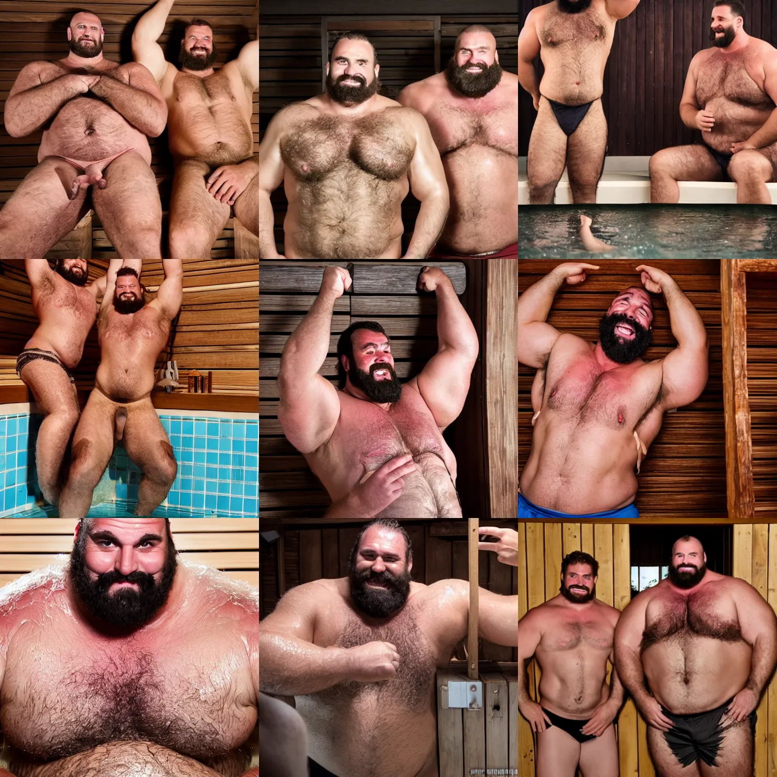 Prompt: big burly hairy sweaty strongmen brothers in a sauna inviting you to see between them with their armpits exposed, photography, wet, detailed, high resolution, swimming trunks