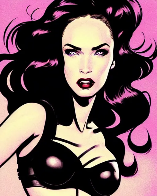 Image similar to low angle closeup very seductive megan fox retro scifi goddess pinup, vr goggles, action glamour pose, windblown dark hair, hyper detailed, digital art, studio lighting, smooth, ambient lighting, sharp focus, frank miller, wlop, anna dittmann, moebius!, alphonse mucha, patrick nagle!!!, rim lighting, synthwave