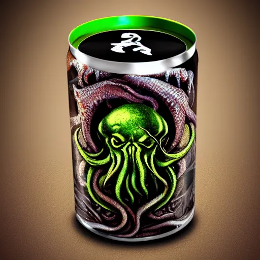 Prompt: Cthulhu energy drink can, photorealistic