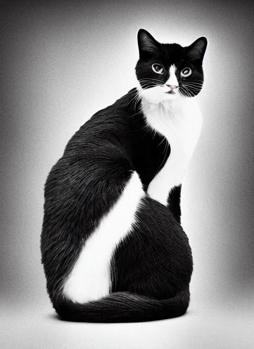 Image similar to cinematic shot epic black and white cat, hyper realistic, mood lighting, fantasy, detailed cat, highly detailed, super realistic, perfect lighting pixel sorting, style sheet