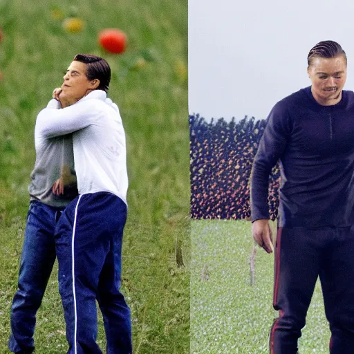 Image similar to christiano ronaldo crying while hugging leonardo decaprio. standing on the moon on a field of tomatoes. high definition. award winning. high resolution