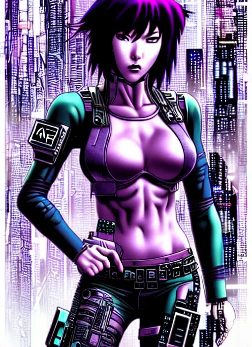 Image similar to motoko kusanagi in grungy cyberpunk megacity, intricate and finely detailed, cyberpunk vaporwave, portrait by j scott campbell