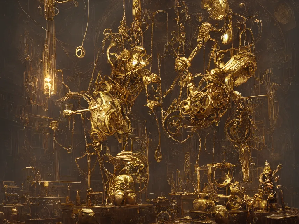 Prompt: a giant clockwork marionette made of brass and gold, in a dark moody interior, puppet, ornate, engraved, highly detailed, fantasy, render, octane, raytracing, unreal engine, cinematic, trending on artstation, illustration, in the style of simon lee, piotr jablonski, artgerm and greg rutkowski, dishonored