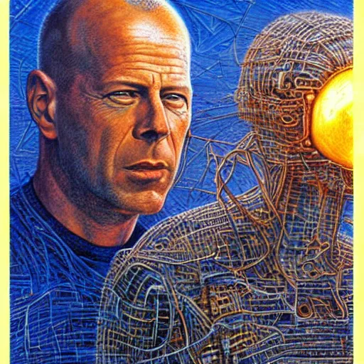 Prompt: bruce willis as a sci - fi alien hunter, hyperdetailed, golden and blue hour, art by peter gric