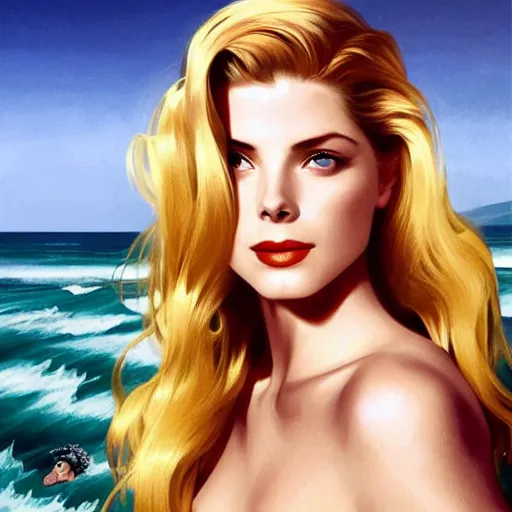 Image similar to A combination of Grace Kelly's and Katheryn Winnick's and Ashley Greene's faces with red hair as a mermaid half submerged on the beach, western, fantasy, intricate, elegant, highly detailed, digital painting, artstation, concept art, matte, sharp focus, illustration, art by Artgerm and Greg Rutkowski and Alphonse Mucha