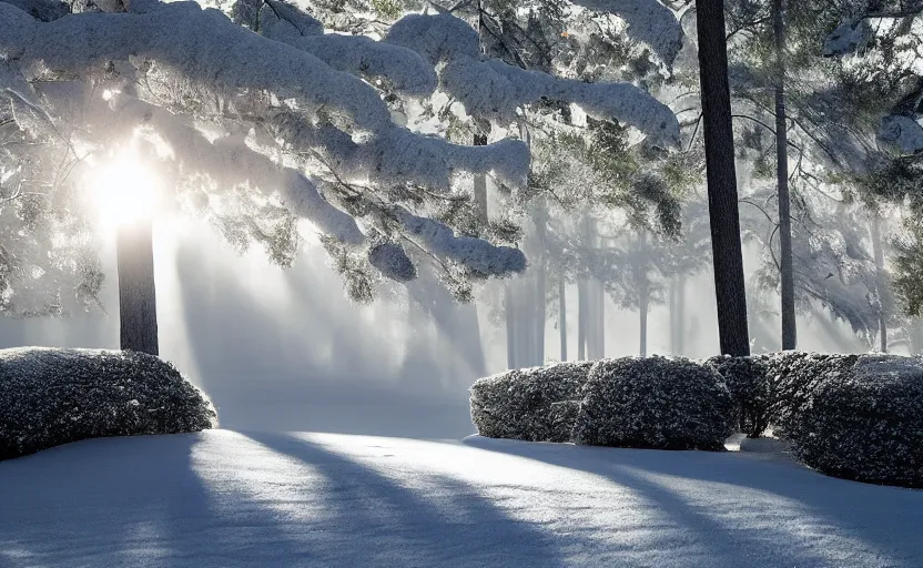 Image similar to augusta national, the masters, nr. 1 2, middle of the winter, completely covered in snow, beautiful ambient light, stunning photography, fog, light rays