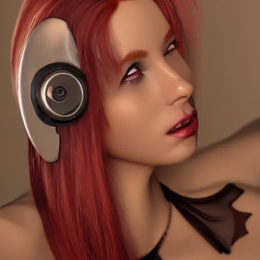 Image similar to gorgeous redhead gynoid posing, photorealistic, highly detailed,