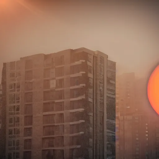 Image similar to man waking up to realize that the world is over and all that is left is ashes all around him. the reddish orange sun creates a gray haze that illuminates all the fallen buildings ultrarealistic 1 5 0 mpx