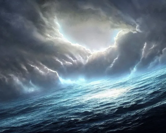 Image similar to 1 : 6 and god said, let there be a firmament in the midst of the waters, and let it divide the waters from the waters. and god made the firmament, and divided the waters which were under the firmament from the waters which were above the firmament : and it was so. trending on artstation