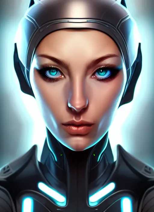 Image similar to portrait of a cyborg woman who turns her head to the right (((((left))))) by Artgerm,eyes closed , biomechanical, hyper detailled, trending on artstation