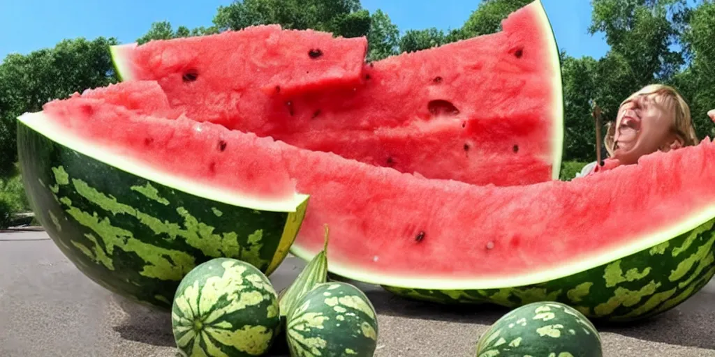 Image similar to YouTube thumbnail about giant watermelon rampage town