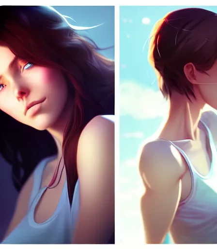 Prompt: portrait of an insanely gorgeous woman with blue eyes, brown hair and a perfect body, wearing loose clothes, character design by charlie bowater, ross tran, artgerm, and makoto shinkai, detailed, soft lighting, rendered in octane