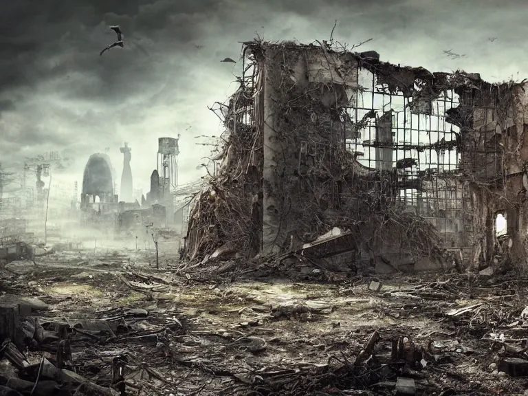 Prompt: postapocalyptic picture of black raven in cage, very emotional, ruins around, nuclear explosion, erik johansson style, conceptual art, the last day on the earth, insane detail, hyper realistic 8 k textured