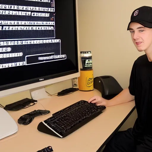 Prompt: 21 year old Jimmy John’s manager with pale skin and brown curly hair is wearing a black baseball cap and tapping a computer screen on the wall