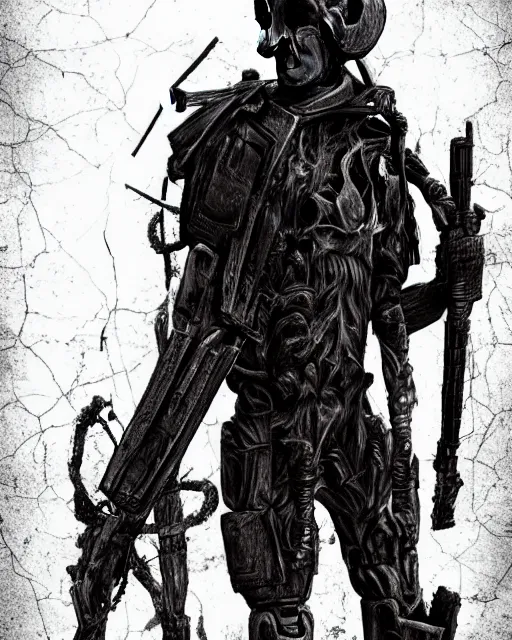 Image similar to full-body creepy realistic sketch central composition a decapitated soldier with futuristic elements. he welcomes you with no head, dark dimension, empty helmet inside is occult mystical symbolism headless full-length view. standing on ancient altar eldritch energies disturbing frightening eerie, hyper realism, 8k, sharpened depth of field, 3D