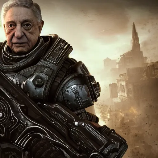 Image similar to george soros in gears of war, splash art, movie still, cinematic lighting, dramatic, octane render, long lens, shallow depth of field, bokeh, anamorphic lens flare, 8 k, hyper detailed, 3 5 mm film grain