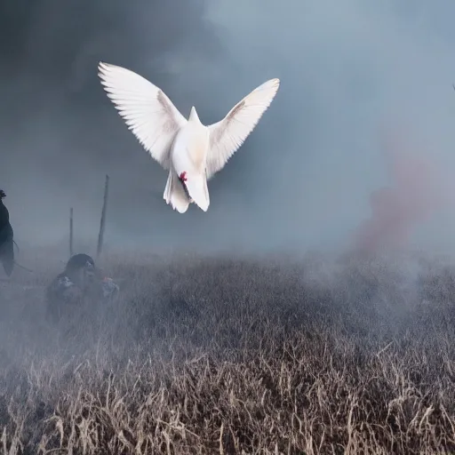 Prompt: photograph of a white dove flying through a warzone smoke bombs explosions in background