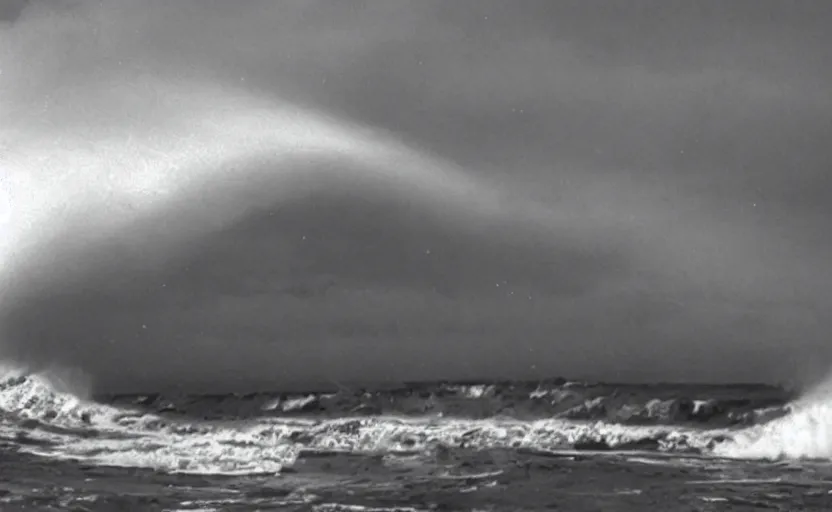 Image similar to a mega-tsunami seen from the shore, cinematic