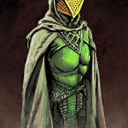 Image similar to anthro lizard warrior wearing cloak and hood, dnd illustration by enki bilal and dan mumford, character concept trending on artstation