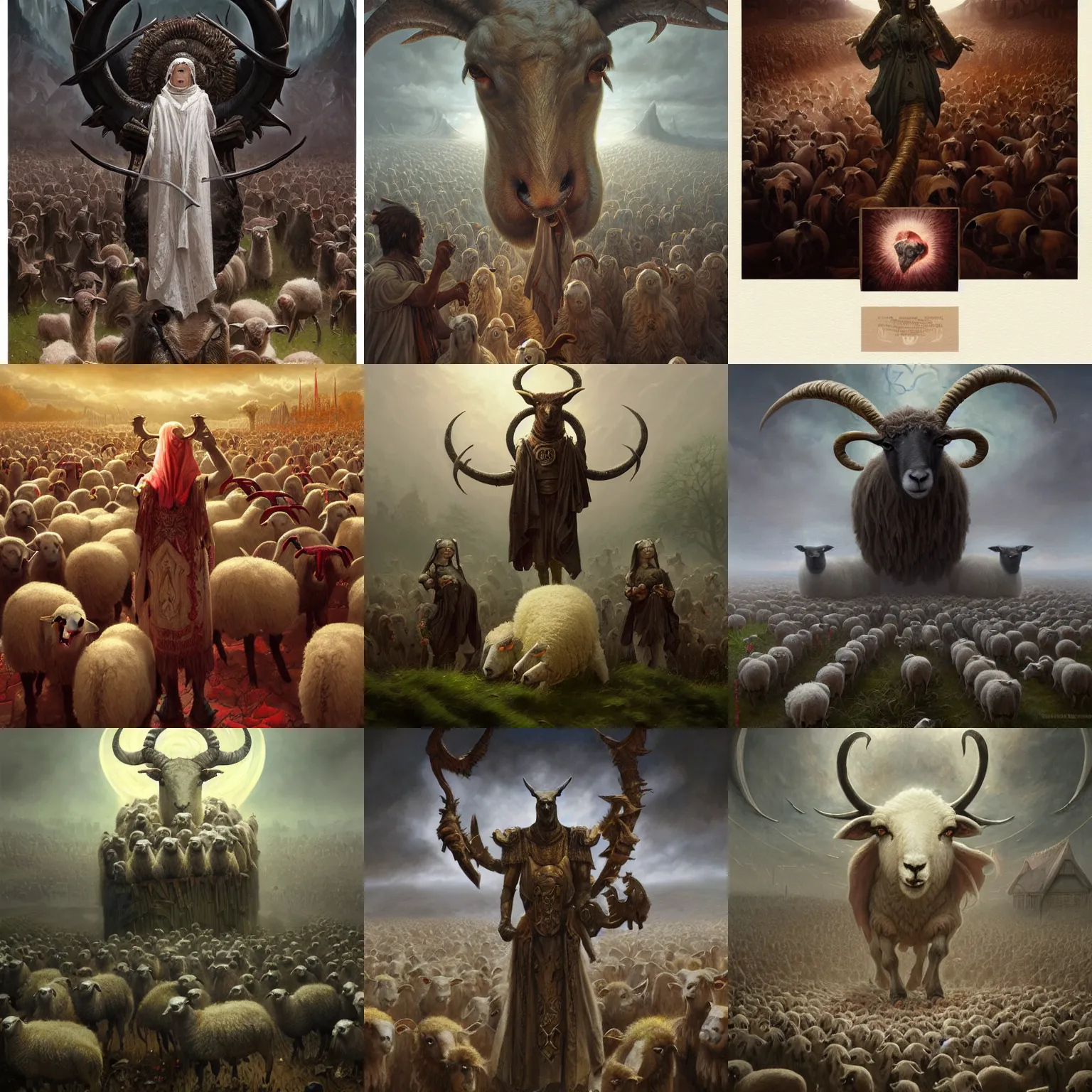 Prompt: satanic cult of the sheep, highly detailed, digital painting, artstation, concept art, smooth, sharp focus, illustration, artstation, art by giger and greg rutkowski and hikari shimoda and edmund blair leighton and charlie bowater, painted warhammer miniature