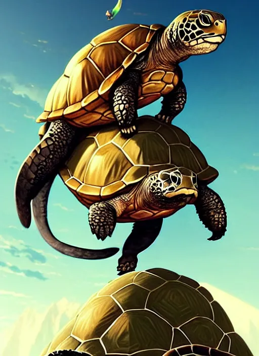 Image similar to character portrait of The tallest mountain topped by a cat riding a gigantic turtle, with another cat riding a large turtle atop the mountain. By Greg Rutkowski. cute beautiful attractive detailed. Character design by charlie bowater, ross tran, artgerm, and makoto shinkai, detailed, inked, western comic book art