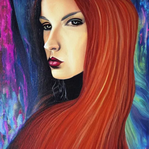 Prompt: a painting of a woman with long hair, an acrylic painting by marie - suzanne giroust, deviantart, metaphysical painting, acrylic art, mixed media, detailed painting