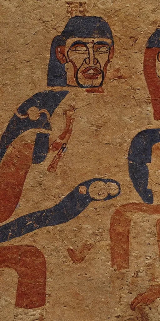 Prompt: sumerian mural of elon musk with ancient car