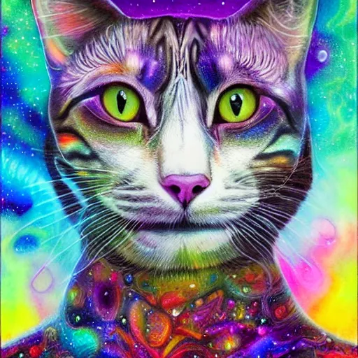 Image similar to a galaxy colored psychedelic chakra awakening kundalini ethereal portrait of a cat with her eyes closending to a higher plane of existence, eternal blessing, multiverse, by android jones, by ben ridgeway, visionary art, by artgerm, featured on artstation, cgsociety, by greg rutkowski