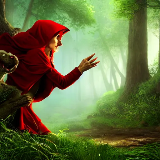 Image similar to portrait of a smirking heavily armed little red riding hood with a cute and beautiful face, getting attacked by a werewolf from behind in a lush green forest, sharp focus, unreal engine 5, digital illustration, volumetric light, highly detailed, intricate, by michael whelan, james gurney, 8 k