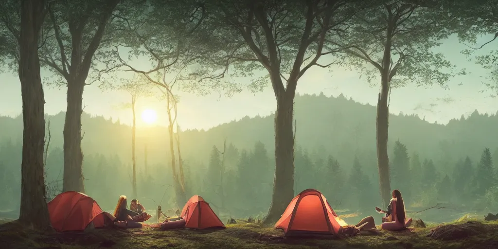 Prompt: two women camping, looking out of a car window, elegant scene, low angle, wide angle, indian forest, wide angle, cinematic, ultrarealistic, trending on artstation, cgsociety, highly detailed, color graded, rendered in unreal engine 4 k hq, matte painting, by simon stalenhag and hudson river school, horizon forbidden west