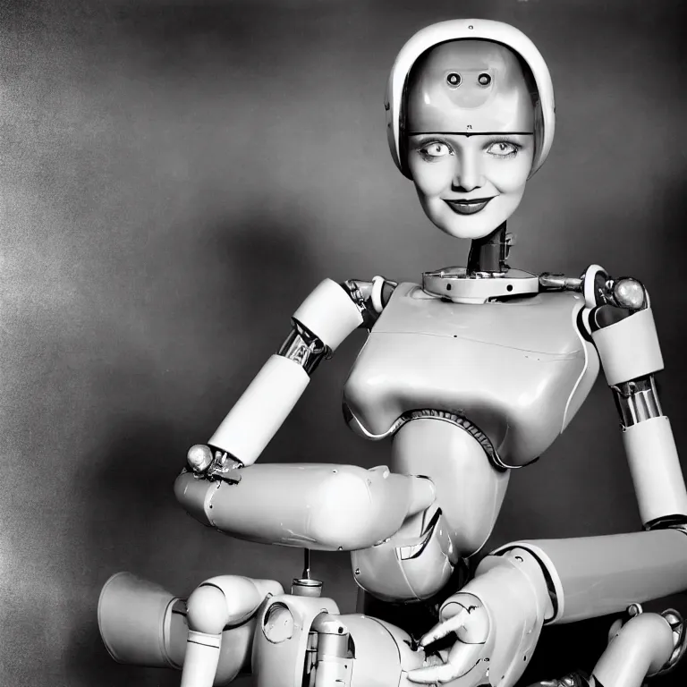 Image similar to 1950s future prediction of an artificially intelligent robot fashion model with stunning eyes smiling at the camera, award winning portrait photo by Annie Leibovitz, super detailed sigma 1.8 55mm boekin